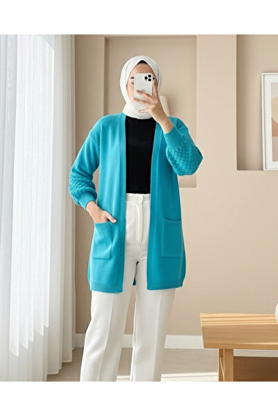 Modamorfo Balloon Sleeve Pompom Pocket Cardigan -Turquoise
