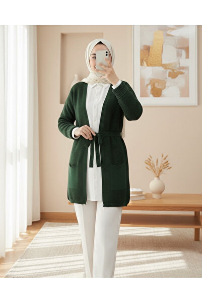 Modamorfo Lace-Up Solid Color Knitted Cardigan - Emerald