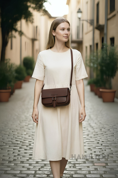 HAMILTON Original Women's Dark Brown Crossbody Adjustable Strap Lined Leather Baguette Shoulder Bag with Card Holder