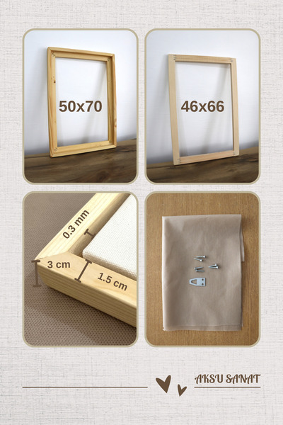 AKSU SANAT Natural Wood Canvas Frame + Canvas Fence + Interlining + Frame Hanger + Screws (50X70 cm)