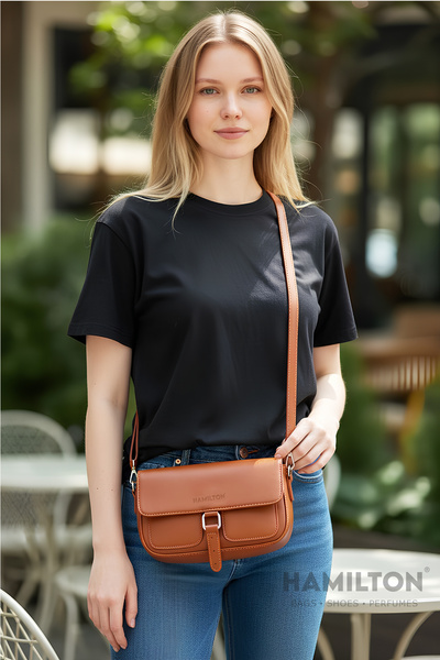 HAMILTON Original Women's Card Holder Tan Cross Adjustable Strap Lined Leather Baguette Daily Shoulder Bag