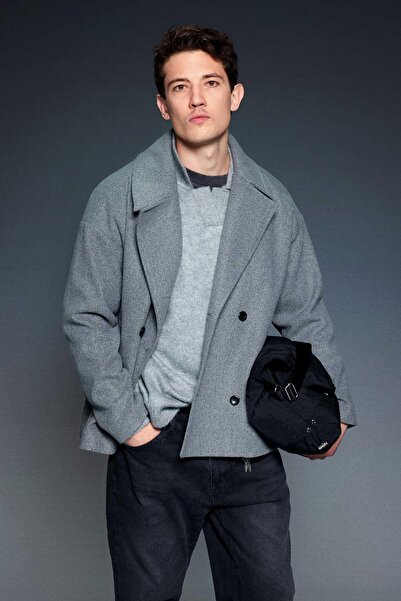 ablukaonline Men's Oversize Double-Breasted Coat Dark Gray