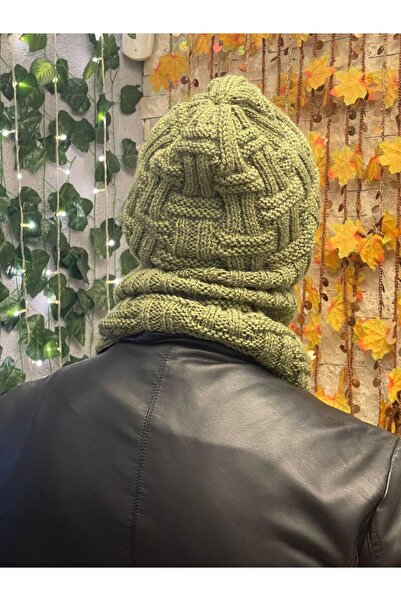 Gönülden Tasarım Hand Knitted Soft Wool Men's Beret Neck Collar Set Unisex