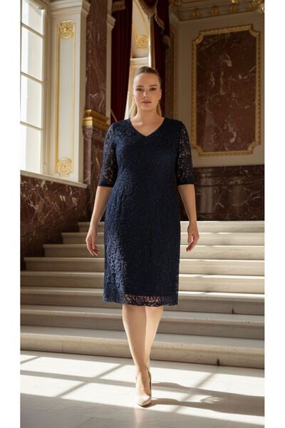 Nidya Moda Navy Blue Lace Plus Size Women's Evening Dress - 4161L