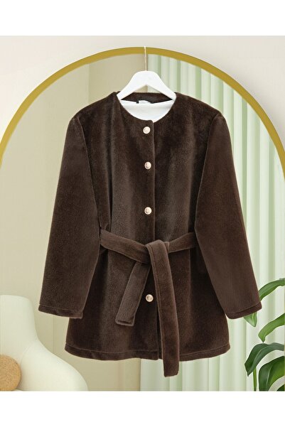 Modamorfo Buttoned Waist-Tied Fur Jacket - Earth