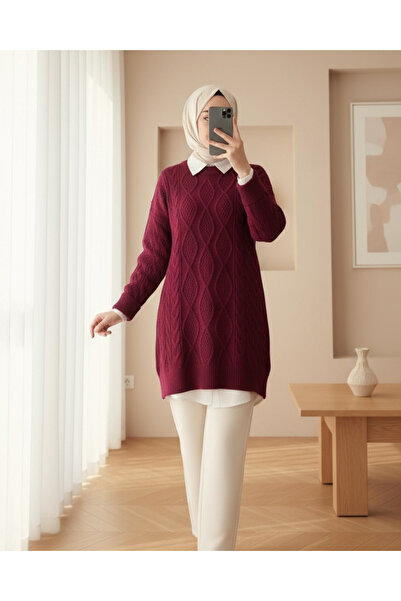 Modamorfo Honeycomb Pattern Winter Casual Knit Sweater - Burgundy