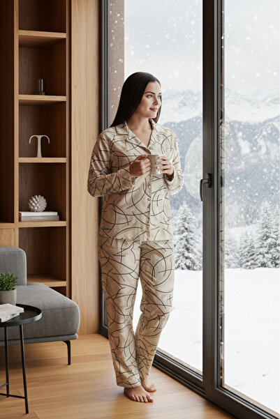 Bravie Luxury Soft Ecru Line Patterned Long Sleeve Women's Pajama Set – Plus Size 3015