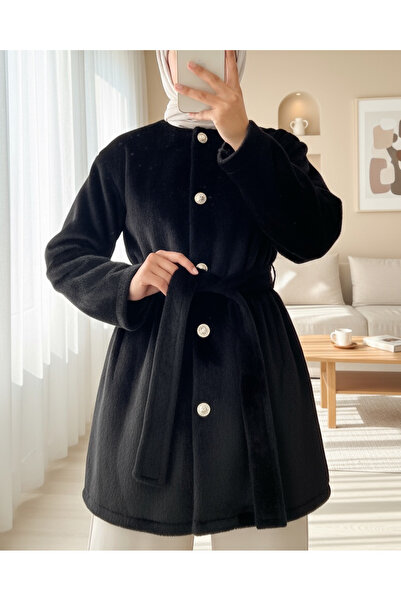 Modamorfo Buttoned Waist Tie Fur Jacket -Black