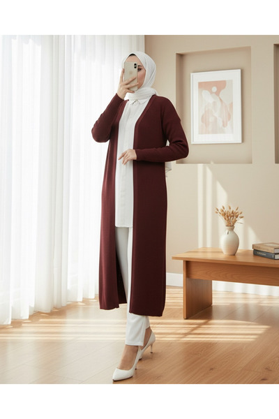 Modamorfo Ribbed Long Knit Cardigan with Side Slits - Burgundy