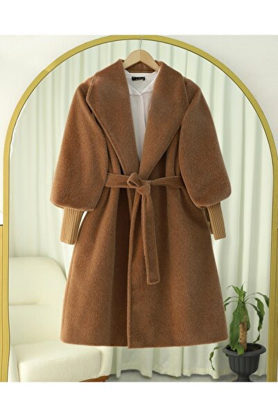 Modamorfo Ribbed Shawl Collar Lined Cashmere Coat with Sleeves -Tan