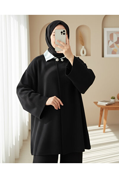 Modamorfo Double Button Casual Knitwear Poncho -Black