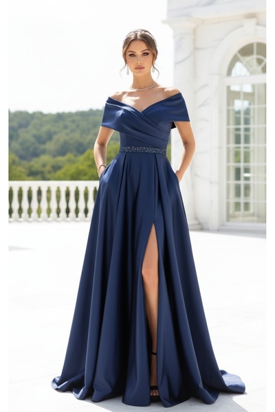 VELİSİA pileli madonna yaka geniş etekli yırtmaçlı kristal boncuk işlemeli ke...