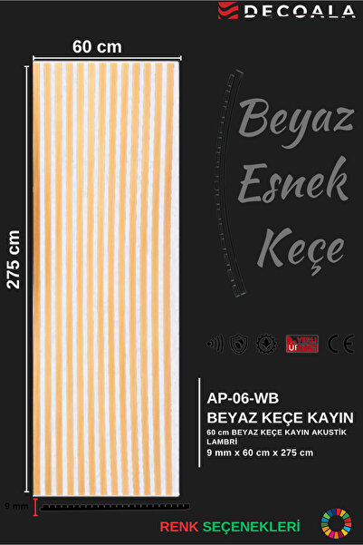 DECOALA Mdf Ahşap Akustik Duvar Paneli Beyaz Keçe 60x275 Cm - Kayın