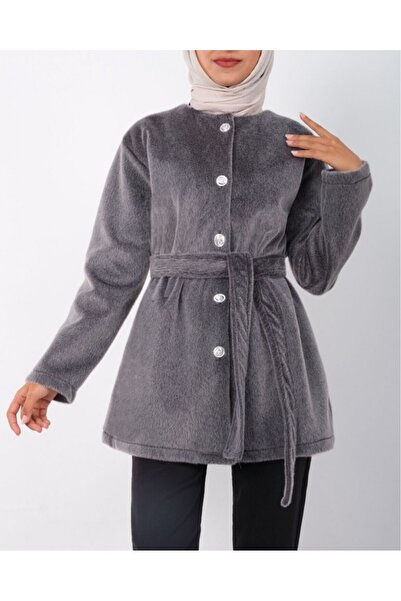 Modamorfo Buttoned Waist Tie Fur Jacket - Smoked