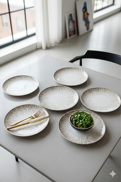 Home Solvera Line Pattern Digital Printing Porcelain Cake Plate Set of 6