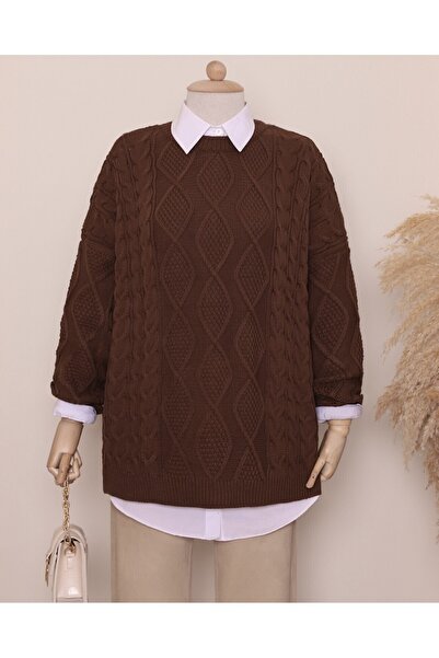Modamorfo Πουλόβερ χειμερινό casual πλεκτό με σχέδιο κηρήθρας - Καφέ