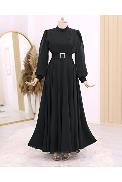 Modamorfo Öv kövekkel, elöl redőzött hidzsáb ruha - fekete