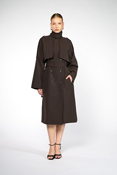 Thalure Kadın Kahverengi Dik Yaka Trençkot