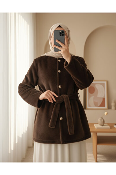 Modamorfo Buttoned Waist-Tied Fur Jacket - Earth