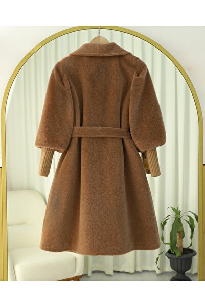 Modamorfo Ribbed Shawl Collar Lined Cashmere Coat with Sleeves -Tan