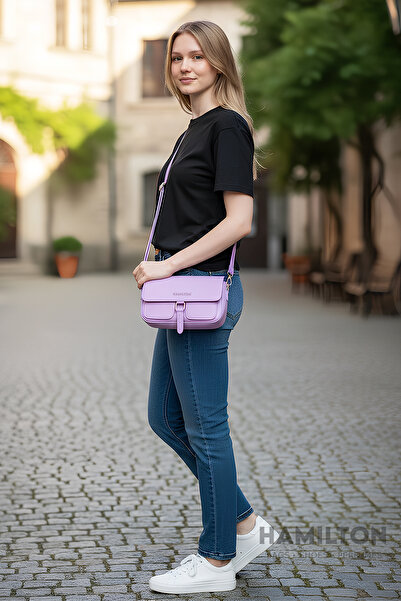 HAMILTON Original Women's Lilac Cross Adjustable Strap Lined Leather Baguette Daily Shoulder Bag with Card Holder