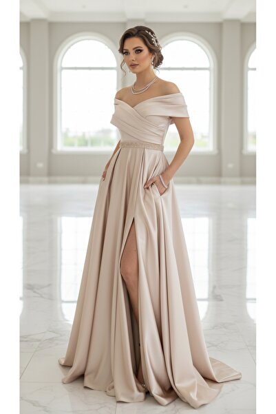 VELİSİA pileli madonna yaka geniş etekli yırtmaçlı kristal boncuk işlemeli ke...