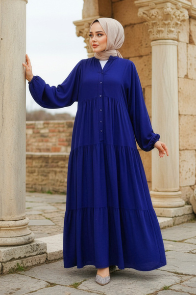 Neva Style Navy Blue Hijab Layered Pleated Dress - 20612L