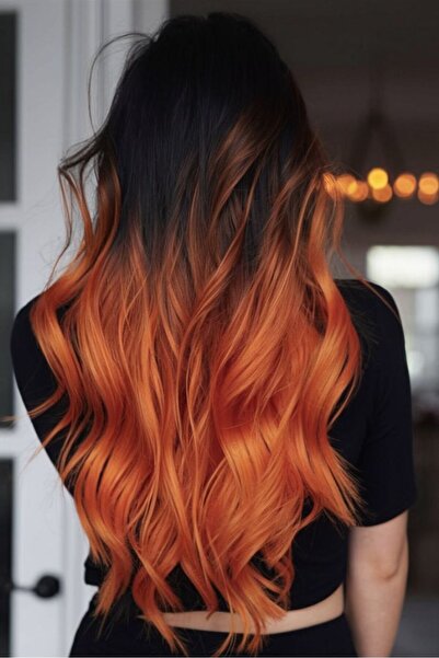 REMY HAİR Siyah Bakır Ombreli Düz Uzun Yarım Ay Saç – SENTETİK Çıt Çıt – 3 Parça