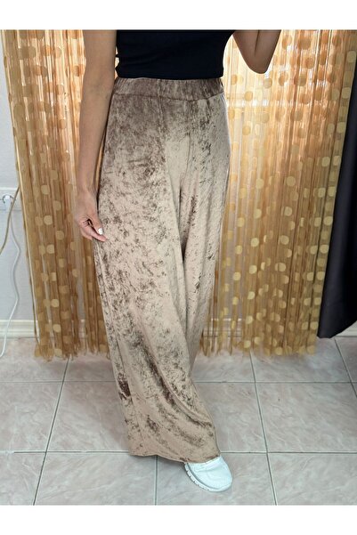 Nisan Triko Vizon Beli Lastikli Kadife Pantolon Bol Paça