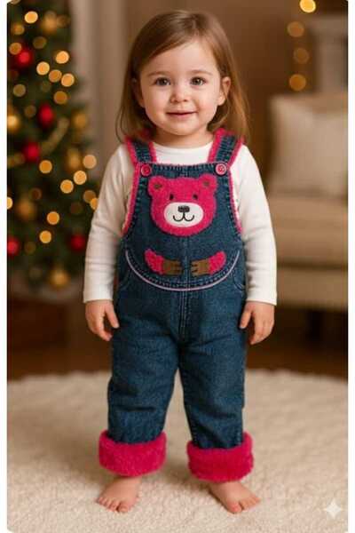 bubiee baby Ayıcık Baskılı İçi Pelüş Kız Kot Tulum