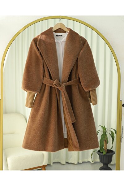 Modamorfo Ribbed Shawl Collar Lined Cashmere Coat with Sleeves -Tan