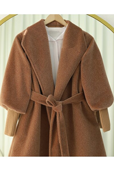 Modamorfo Ribbed Shawl Collar Lined Cashmere Coat with Sleeves -Tan
