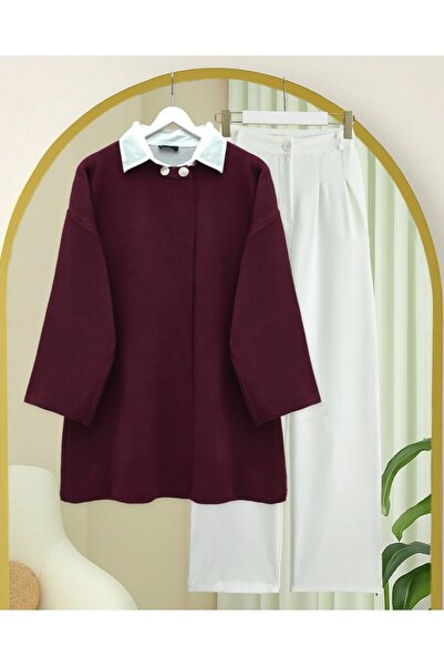 Modamorfo Double Button Casual Knit Poncho - Burgundy