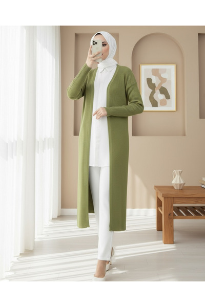 Modamorfo Ribbed Long Knit Cardigan with Side Slits - Khaki