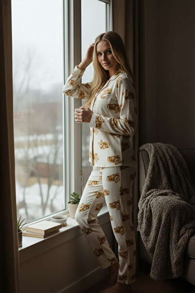 Bravie Luxury Soft Ecru Teddy Bear Patterned Long Sleeve Women's Pajama Set – 3041