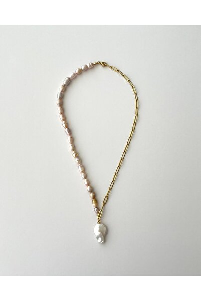 eyla collection Gerçek Arpa Model İnci & Çelik Zincir Kolye