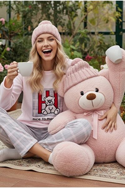 Siyah İnci Pink Teddy Bear Embroidered Ribbed Fleece Winter Knitted Pajama Set