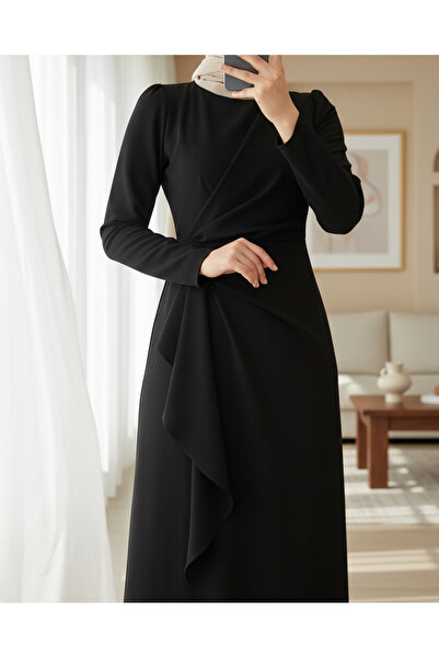 Modamorfo Asymetrické krepové šaty s přední sukní Allerli - černé