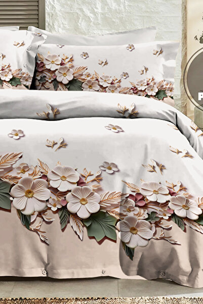 MonoHome 100% Cotton Ranforce Çeyizlik Luxury 5D Digital Double Duvet Cover Set Mimosa