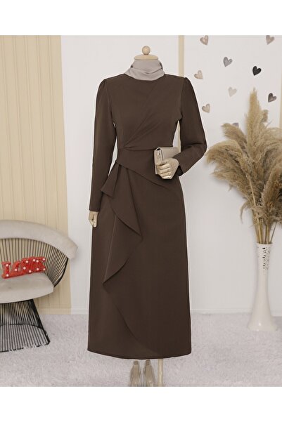 Modamorfo Asymetrické krepové šaty s přední sukní Allerli - hnědé