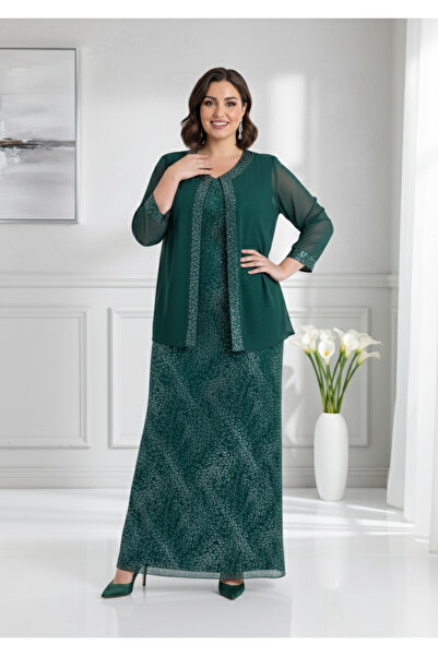 LİLAS XXL Büyük Beden Yeşil Renkli Glitter Baskı Dantelli Şifon Ceketli Uzun ...
