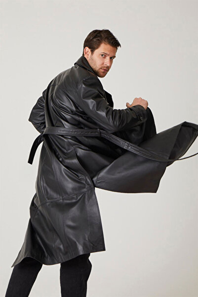 Deriderim Black Matrix Double Breasted Trench Coat - Men's Genuine Leather Coat with Button Closure, Slit and Belt