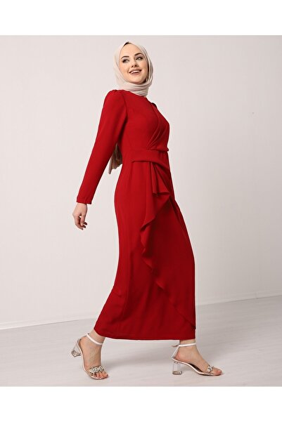Modamorfo Asymmetrical Crepe Dress with Allerli Skirt on the Front - Burgundy