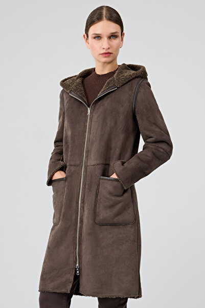 Derimod Fiorentini Women Brown Double-Sided Hooded Teddy Coat 25Wgp53149F