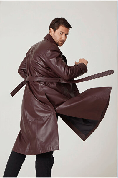 Deriderim Bordo Matrix Genuine Leather Double-Breasted Button Closure Slit Lined Belted Trench Coat Men's Coat