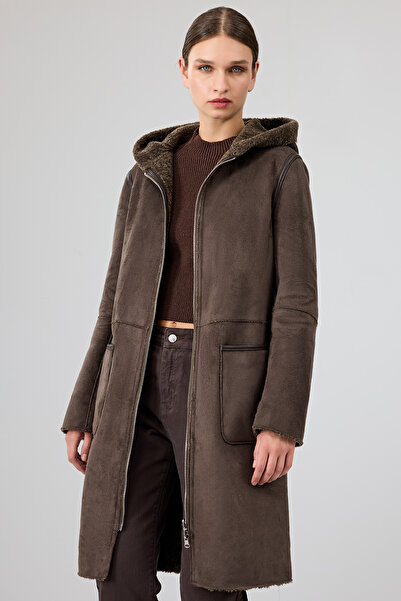 Derimod Fiorentini Women Brown Double-Sided Hooded Teddy Coat 25Wgp53149F
