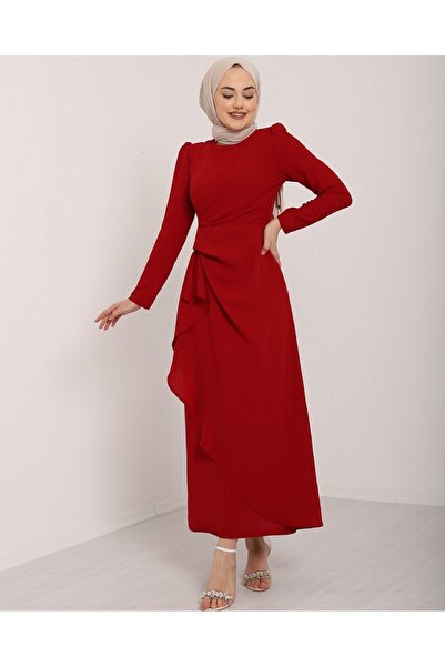 Modamorfo Asymmetrical Crepe Dress with Allerli Skirt on the Front - Burgundy