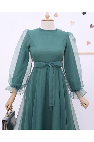 Modamorfo Βραδινό φόρεμα από τούλι με φουσκωτά μανίκια και φούστα - Μέντα