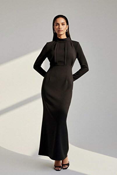 Setre Black Yakada Drape Detailed Waist-Sitting Full-Fit Long Sleeve Dress