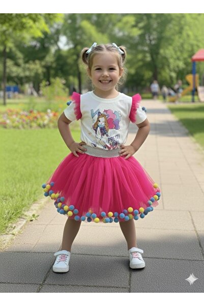 BİLGEN Style Girl's Pompon Skirt with Elastic Waist and Shoulder Pompon Detail with Tassel 2-Piece Set